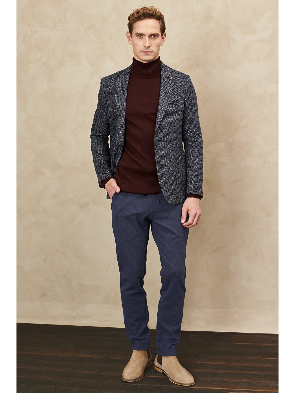 Erkek Lacivert-bej Slim Fit Dar Kesim Mono Yaka Desenli Yünlü Ceket-1