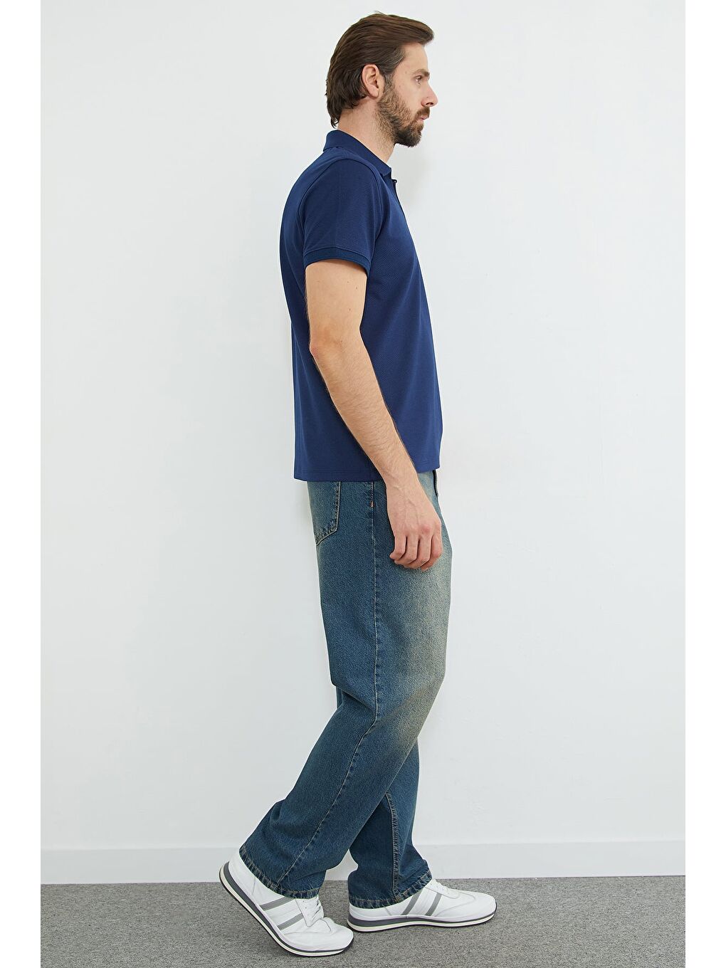 Lacivert Yarım Fermuarlı Petek Kumaş Polo Yaka Tişört-4