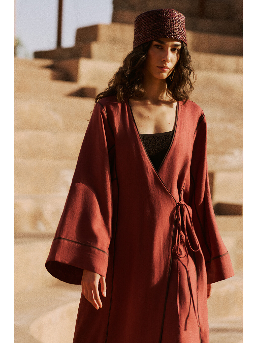 Turuncu Keten Tasarım Bağlamalı Kimono Bakır-2