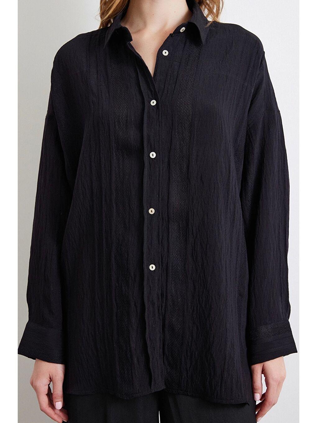 Dantel Detaylı Transparan Pamuklu Gömlek Siyah-2