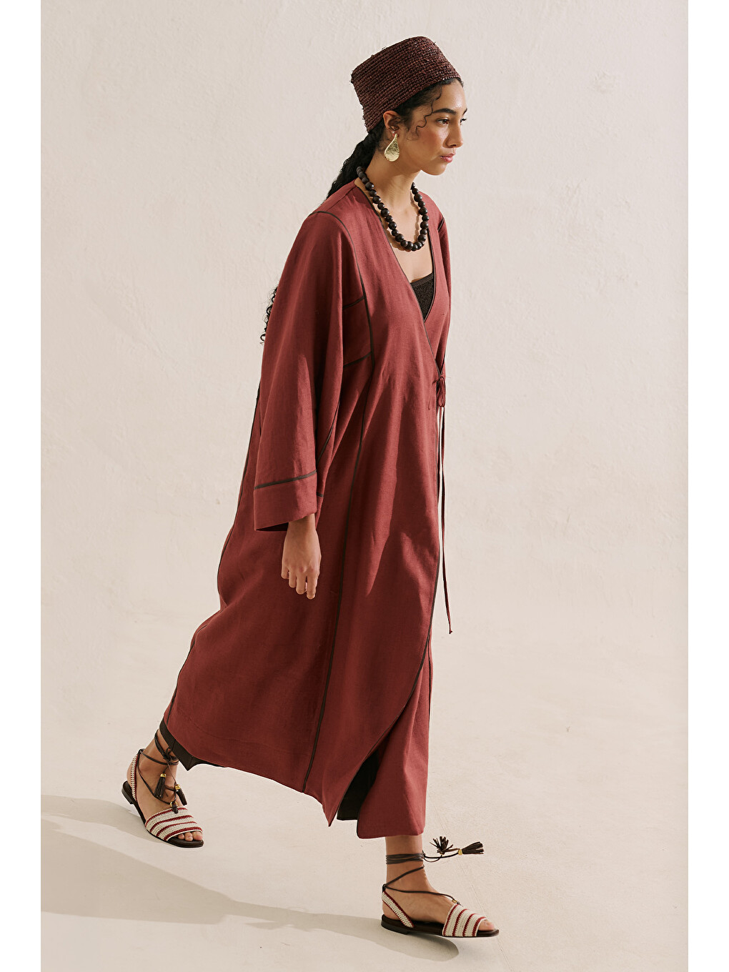 Turuncu Keten Tasarım Bağlamalı Kimono Bakır-3