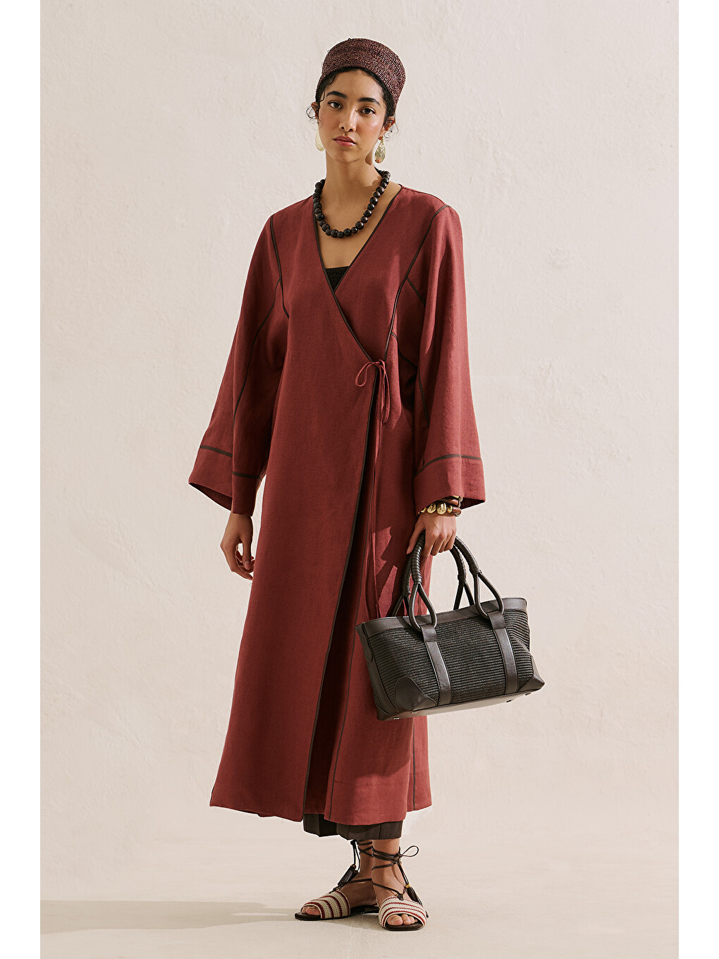 Turuncu Keten Tasarım Bağlamalı Kimono Bakır-4