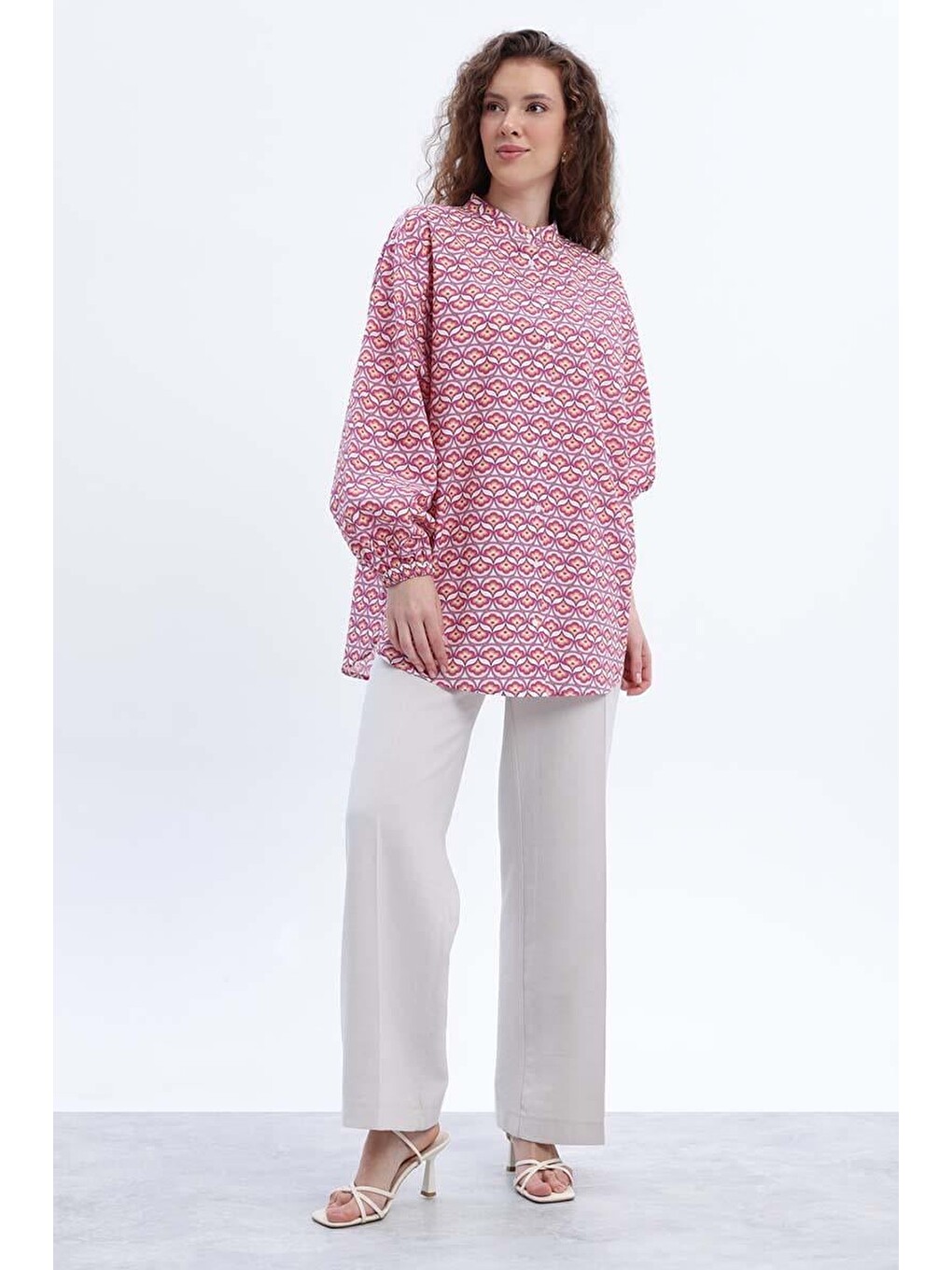 Pembe-beyaz-%100 Pamuklu Desenli Poplin Gömlek Tunik