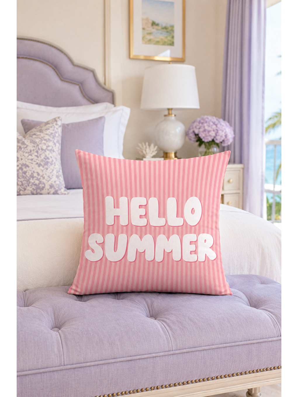 Beyaz Hello Summer Pembe Çizgili Yazı Baskılı Dekoratif Kırlent Kılıfı Yazlık Dekor 43x43 Cm-3