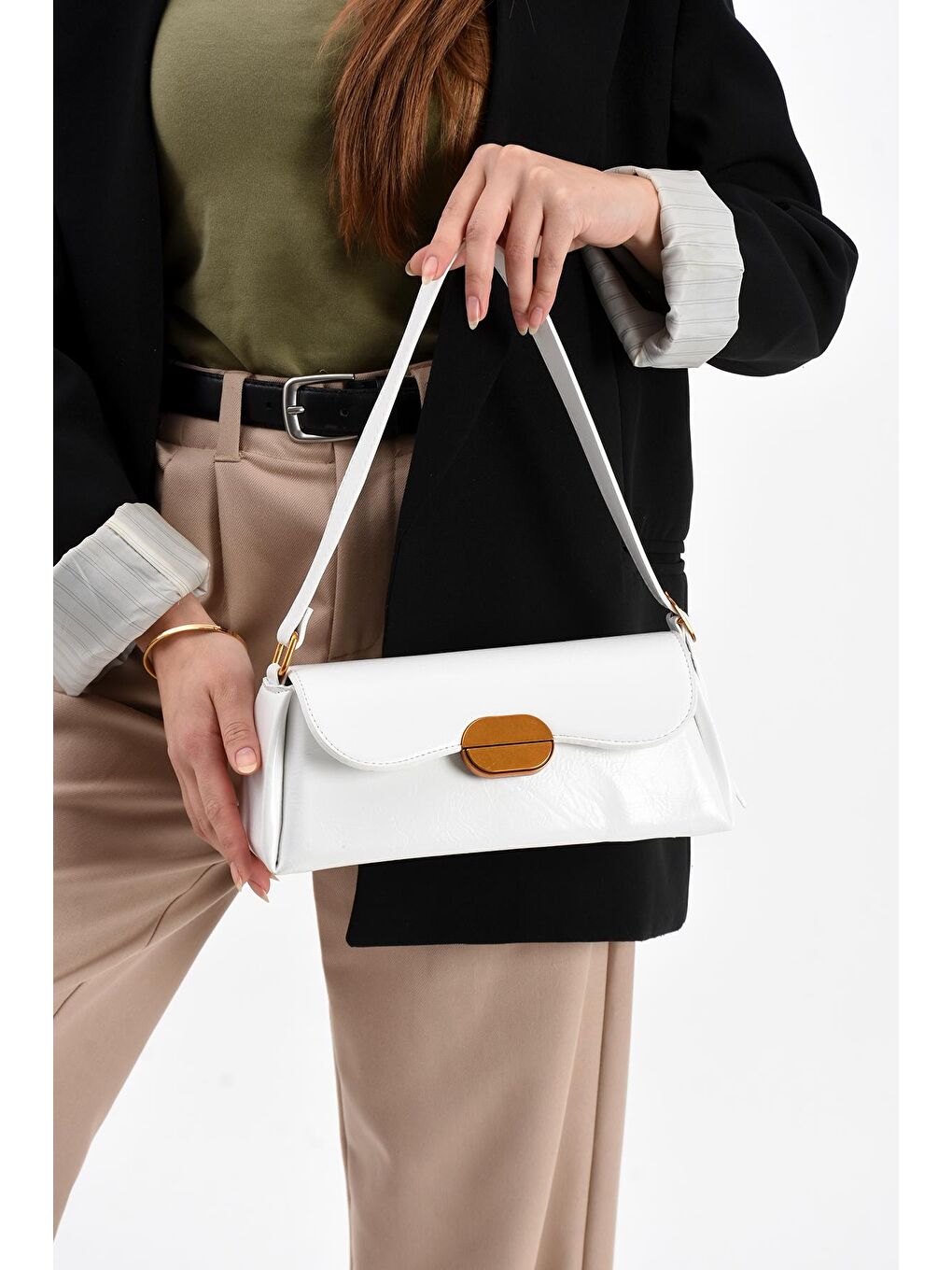 Beyaz Noir Gold Tokalı Kadın Omuz Çantası BP-4857O-1