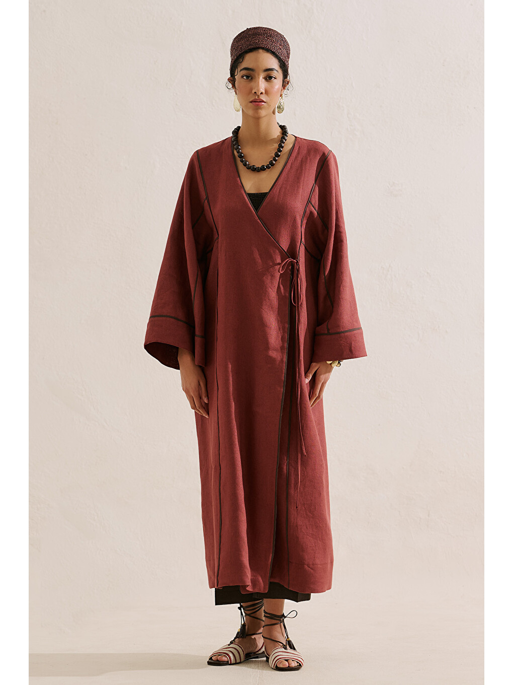 Turuncu Keten Tasarım Bağlamalı Kimono Bakır-5