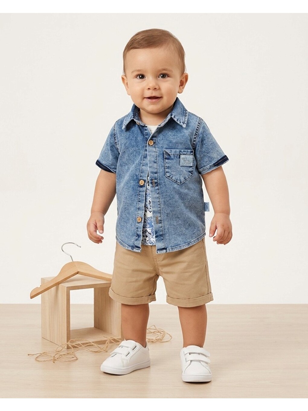 Mavi Erkek Bebek Jean Gömlekli 6-9-12-18-24 Aylık Keten Şortlu 3'lü Bayramlık Bebek Takımı