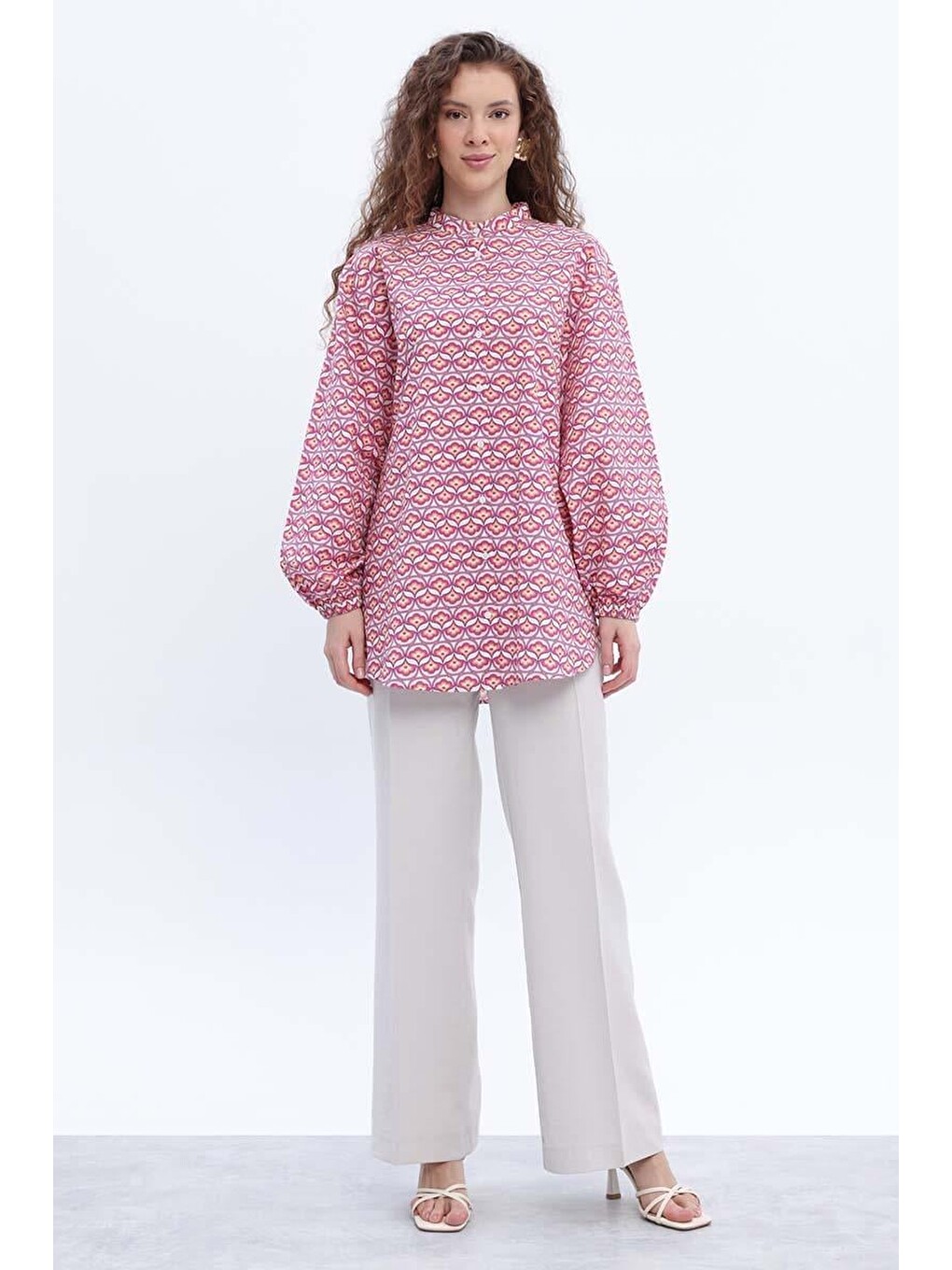 Pembe-beyaz-%100 Pamuklu Desenli Poplin Gömlek Tunik-1
