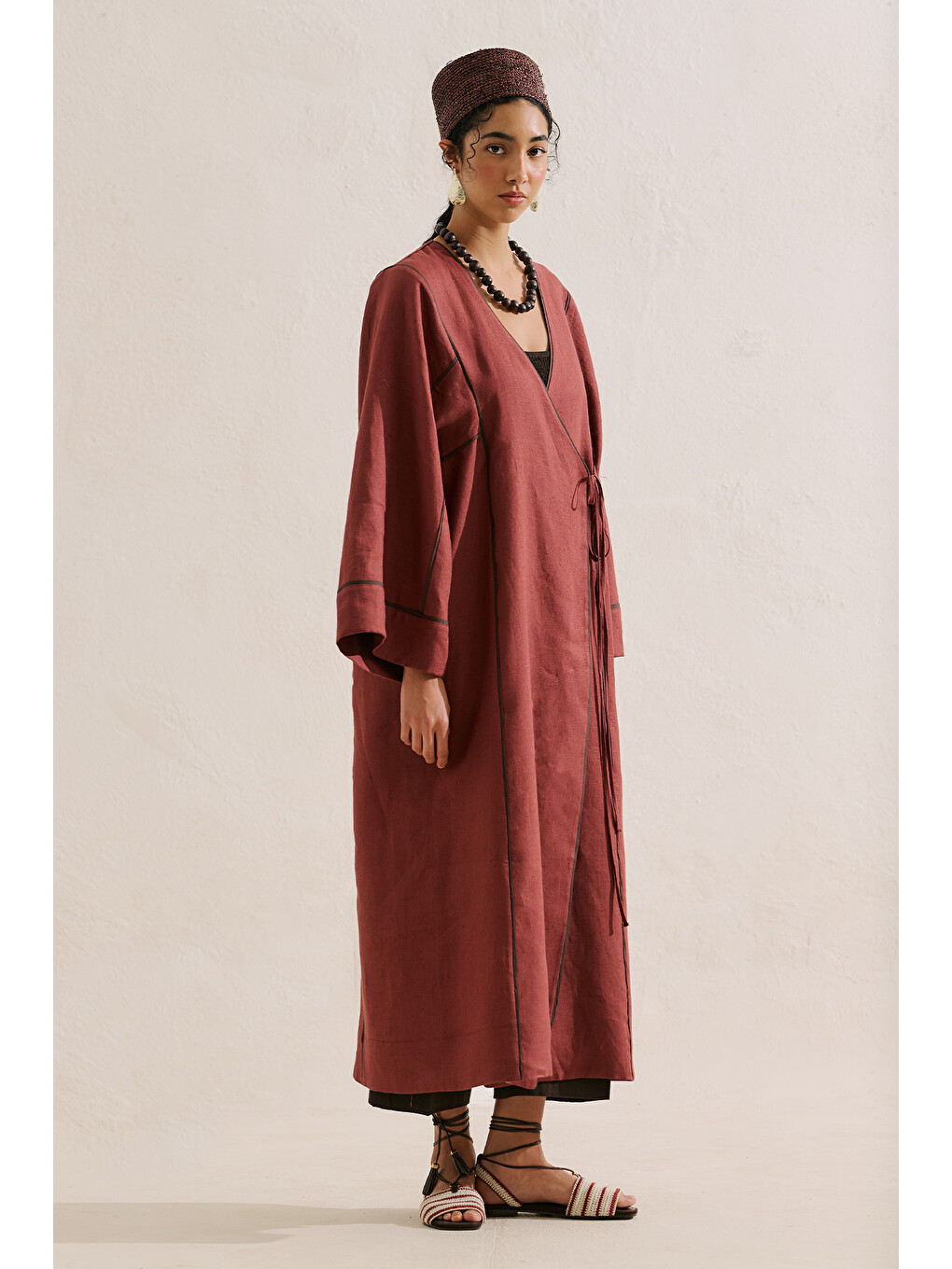 Turuncu Keten Tasarım Bağlamalı Kimono Bakır-6