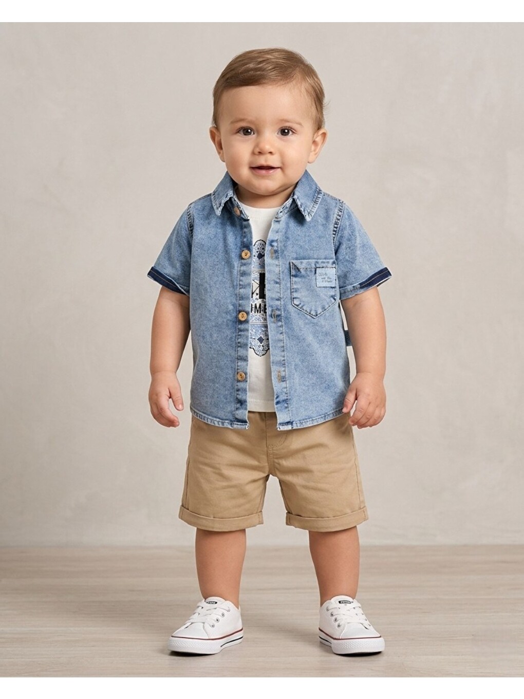 Mavi Erkek Bebek Jean Gömlekli 6-9-12-18-24 Aylık Keten Şortlu 3'lü Bayramlık Bebek Takımı-1