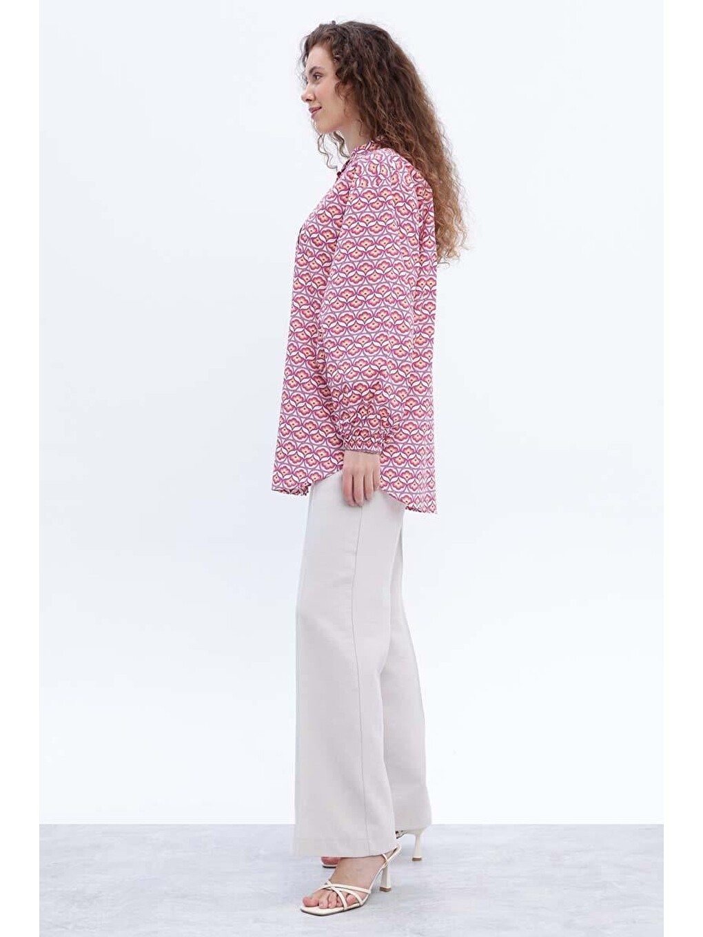 Pembe-beyaz-%100 Pamuklu Desenli Poplin Gömlek Tunik-2