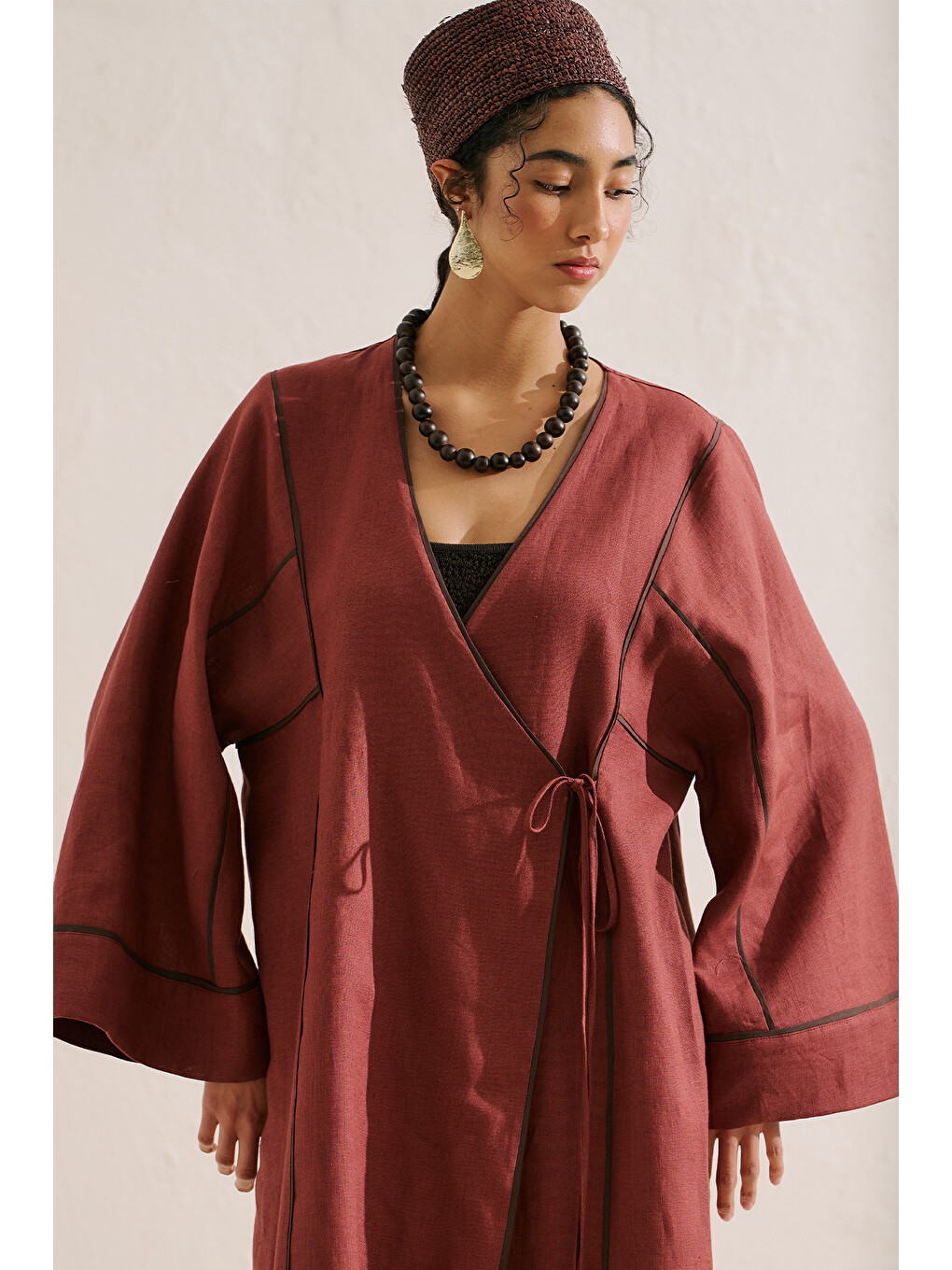 Turuncu Keten Tasarım Bağlamalı Kimono Bakır-7