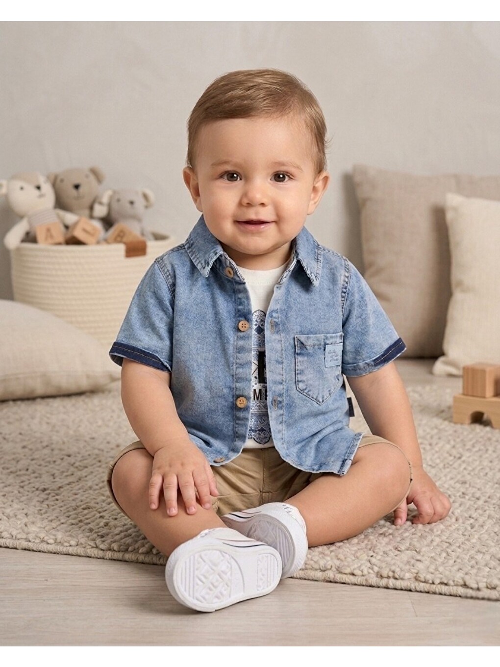 Mavi Erkek Bebek Jean Gömlekli 6-9-12-18-24 Aylık Keten Şortlu 3'lü Bayramlık Bebek Takımı-2