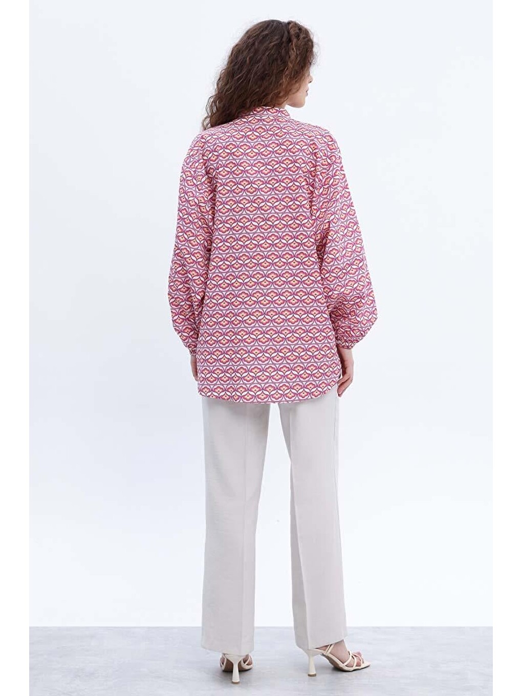Pembe-beyaz-%100 Pamuklu Desenli Poplin Gömlek Tunik-3