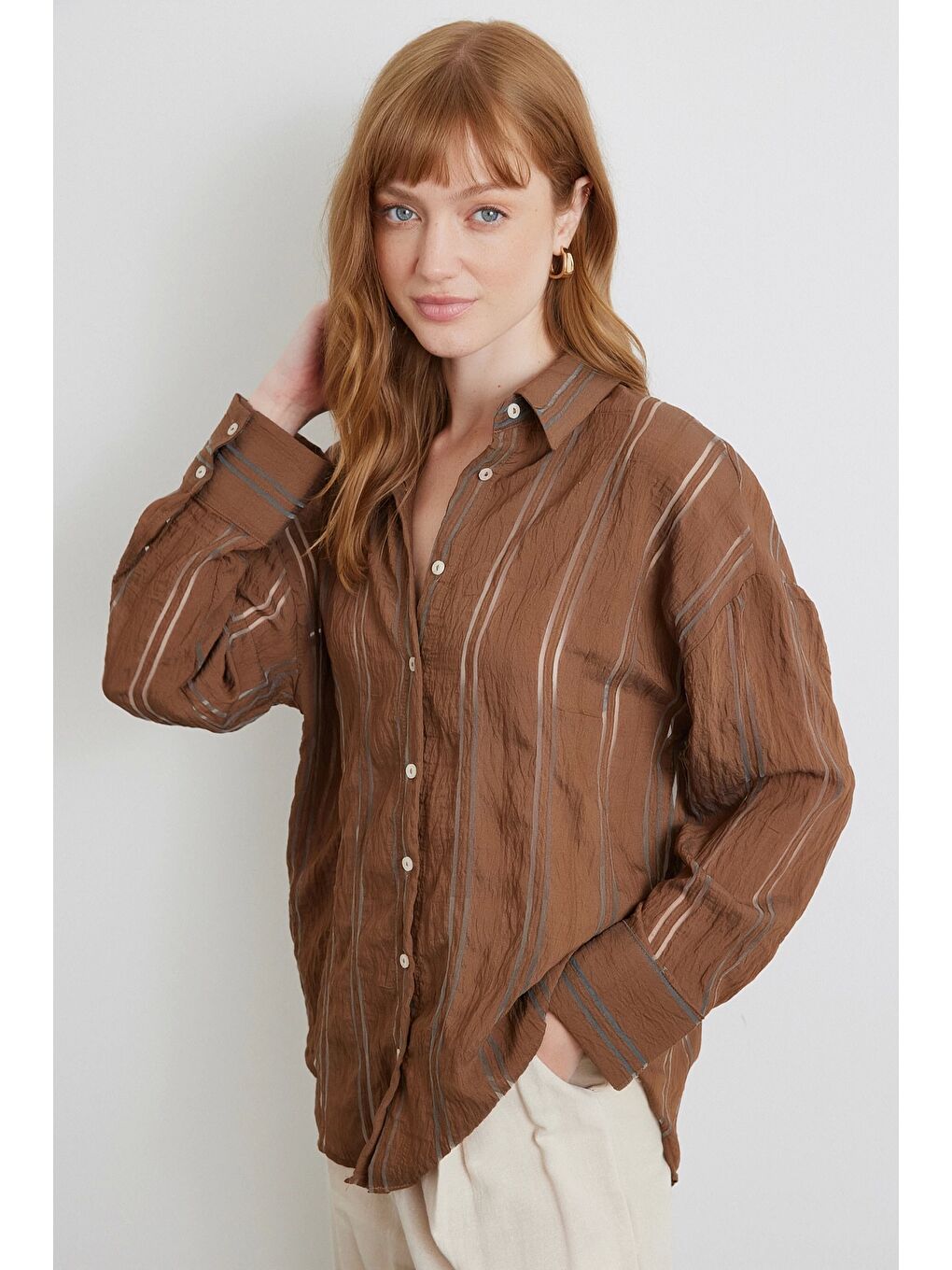 Karışık Organze Çizgili Gömlek Kahve-2