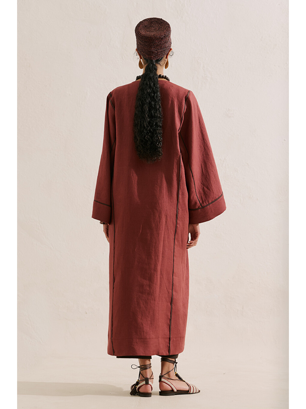 Turuncu Keten Tasarım Bağlamalı Kimono Bakır-9