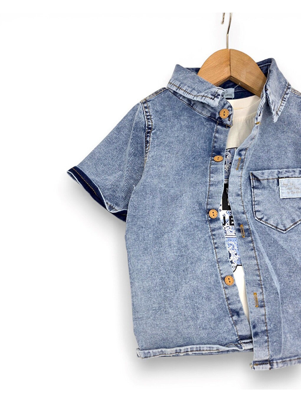 Mavi Erkek Bebek Jean Gömlekli 6-9-12-18-24 Aylık Keten Şortlu 3'lü Bayramlık Bebek Takımı-4