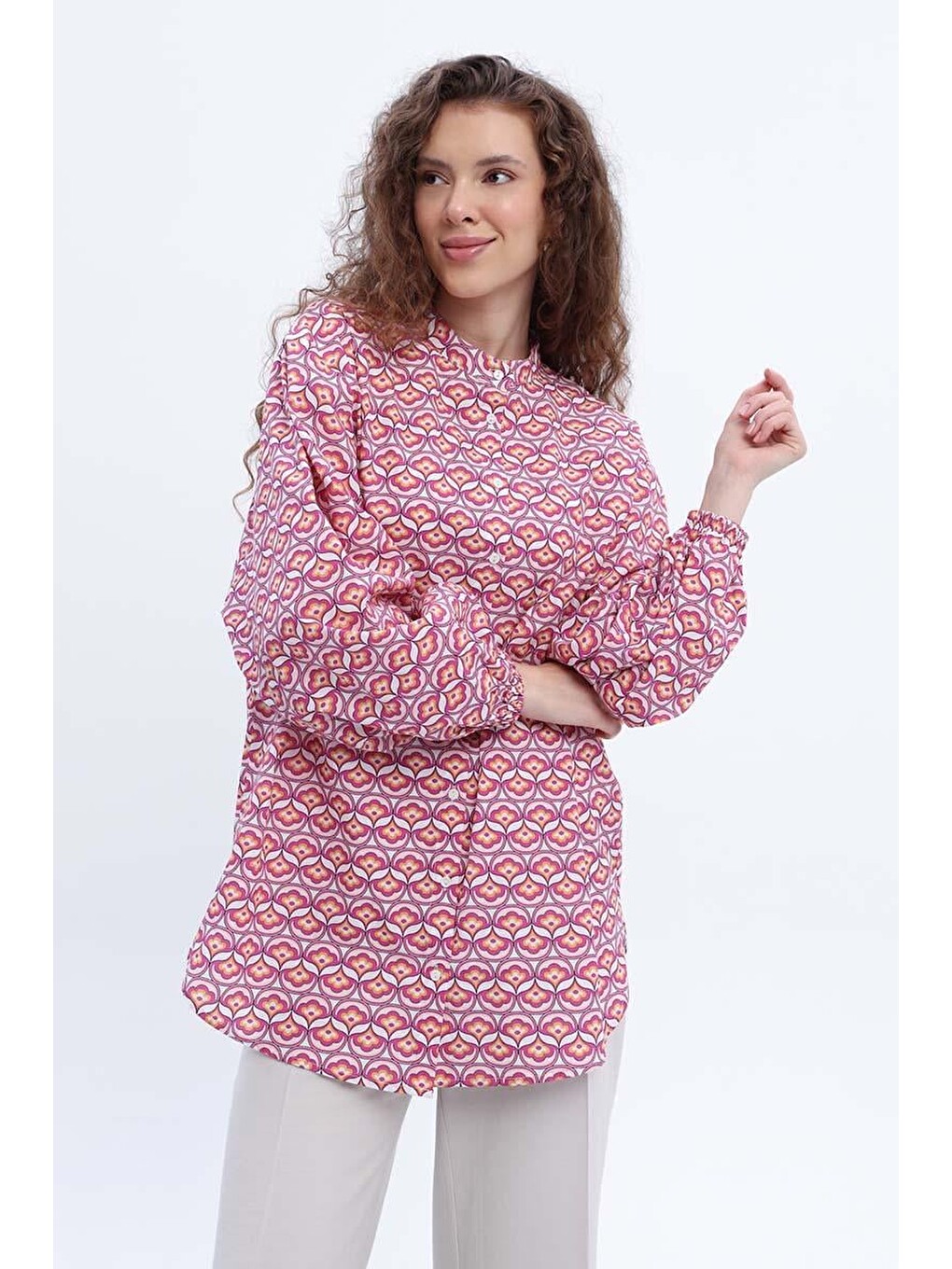 Pembe-beyaz-%100 Pamuklu Desenli Poplin Gömlek Tunik-4