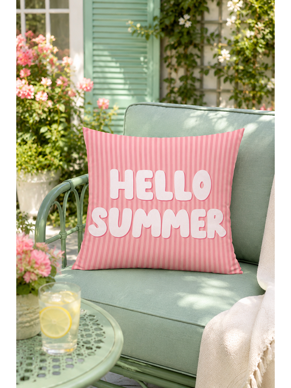 Beyaz Hello Summer Pembe Çizgili Yazı Baskılı Dekoratif Kırlent Kılıfı Yazlık Dekor 43x43 Cm-4