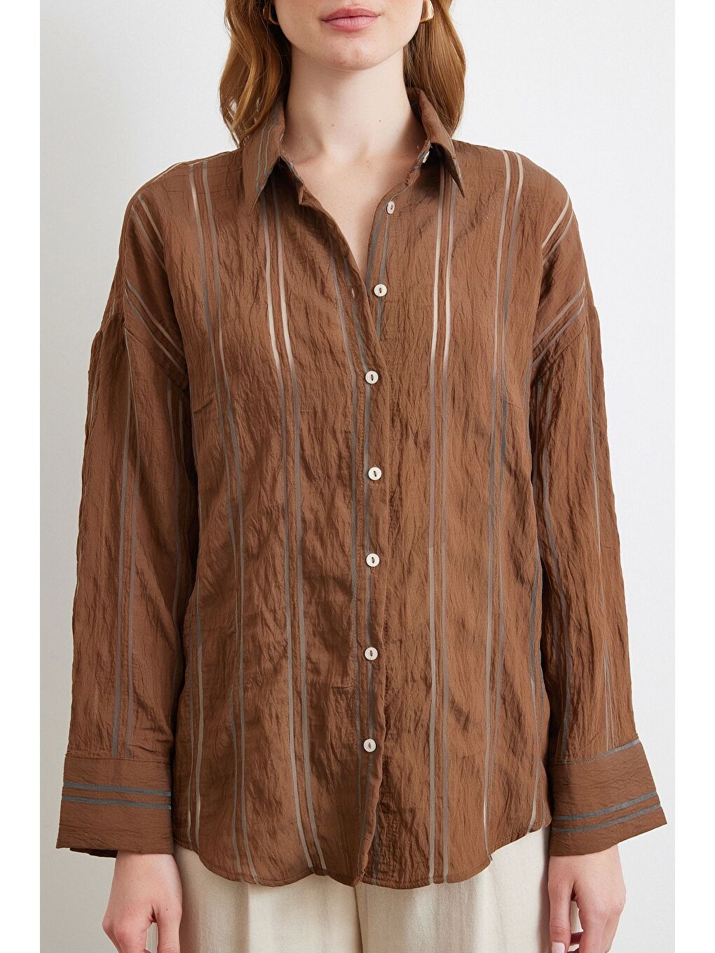 Karışık Organze Çizgili Gömlek Kahve-3