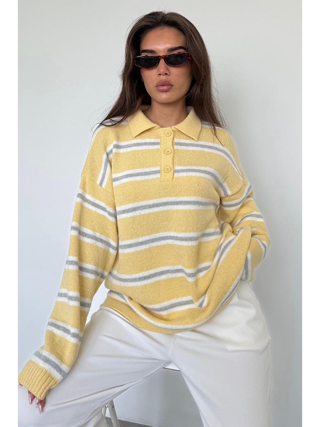 Sarı Polo Yaka Çizgili Kadın Triko Kazak Mg2469-4