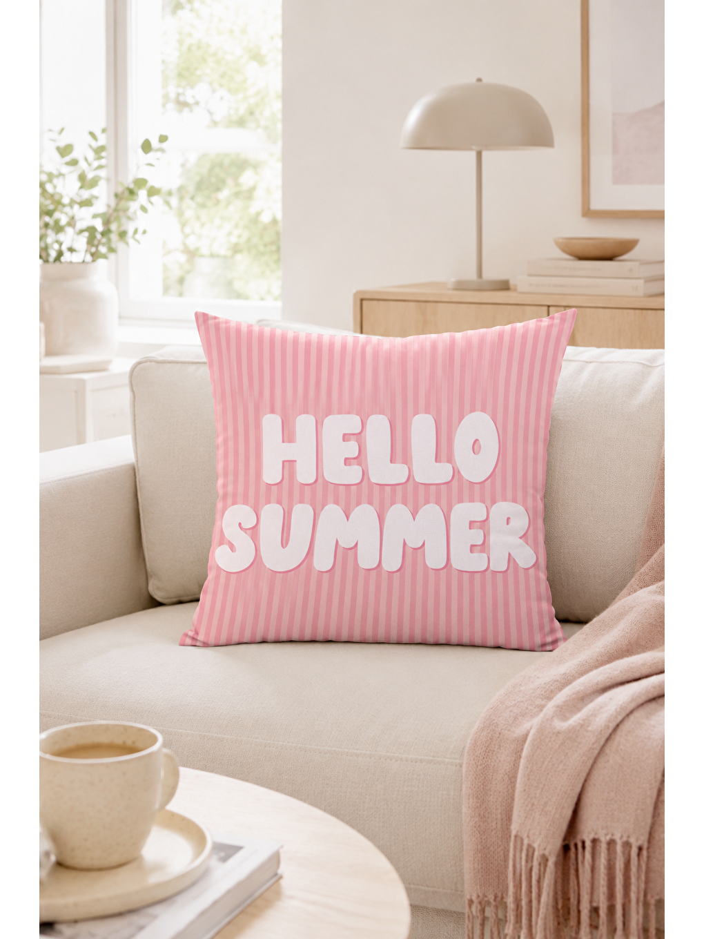 Beyaz Hello Summer Pembe Çizgili Yazı Baskılı Dekoratif Kırlent Kılıfı Yazlık Dekor 43x43 Cm-5