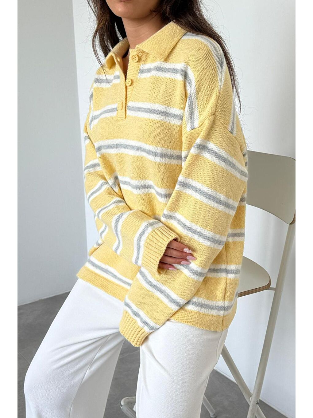 Sarı Polo Yaka Çizgili Kadın Triko Kazak Mg2469-5