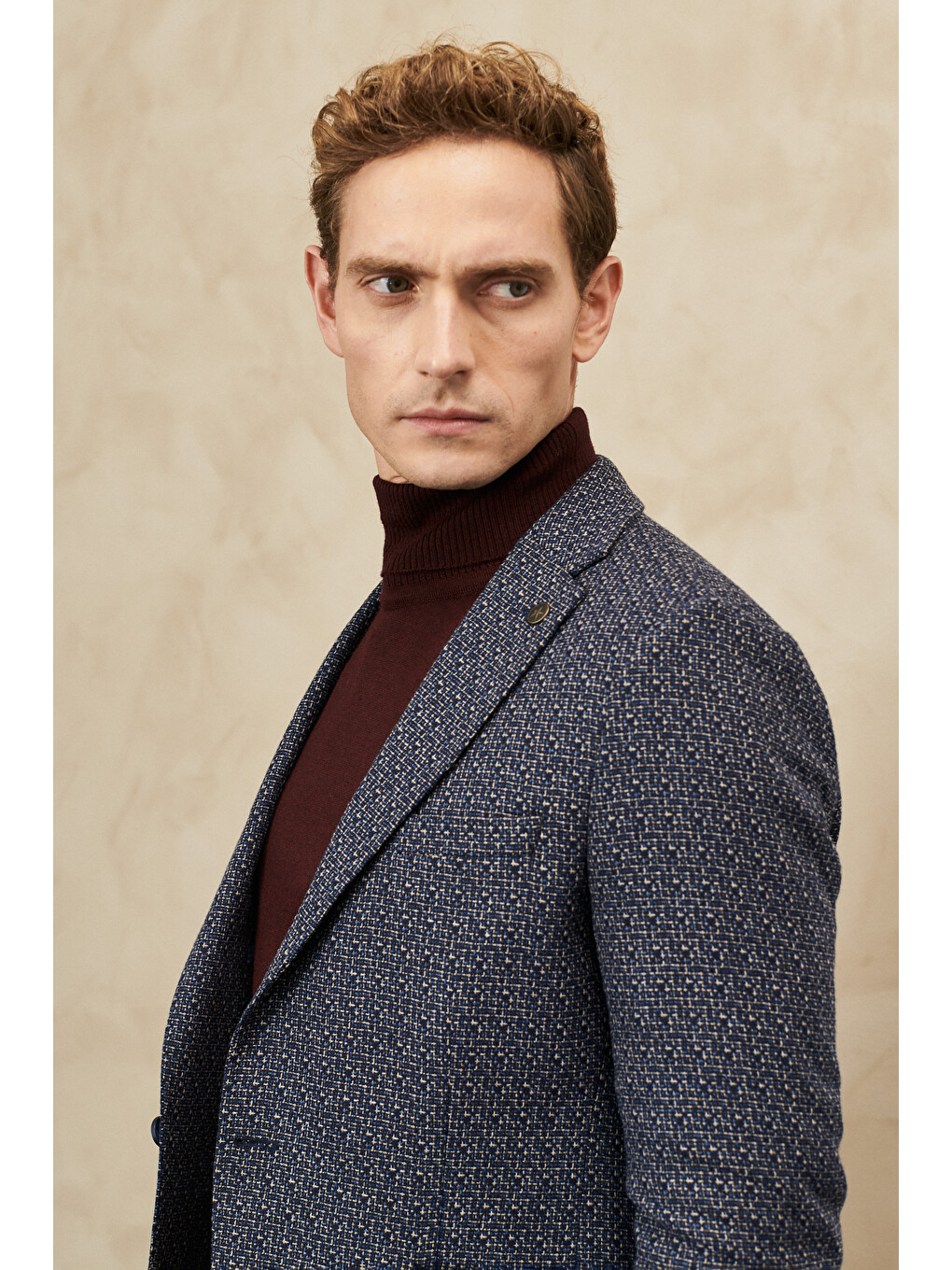 Erkek Lacivert-bej Slim Fit Dar Kesim Mono Yaka Desenli Yünlü Ceket-2