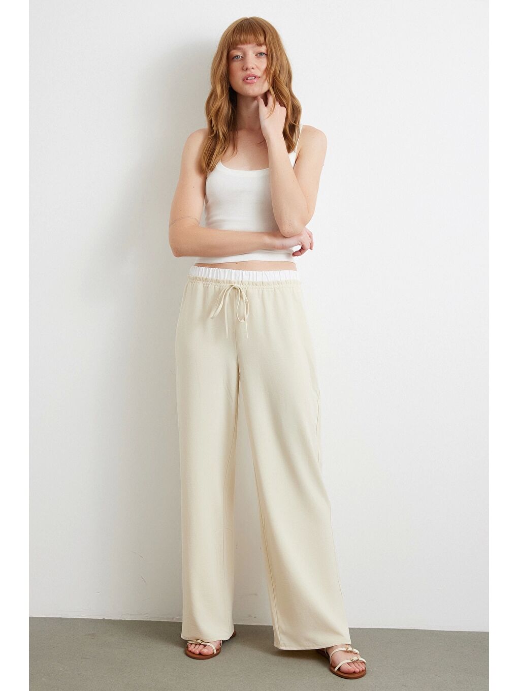 Ekru Bel Bantlı Wide Leg Pantolon Krem