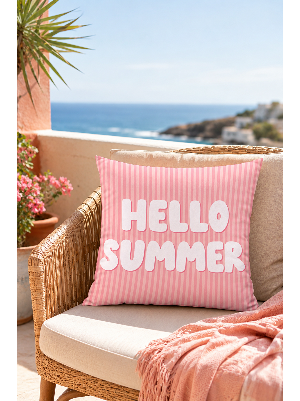 Beyaz Hello Summer Pembe Çizgili Yazı Baskılı Dekoratif Kırlent Kılıfı Yazlık Dekor 43x43 Cm-6