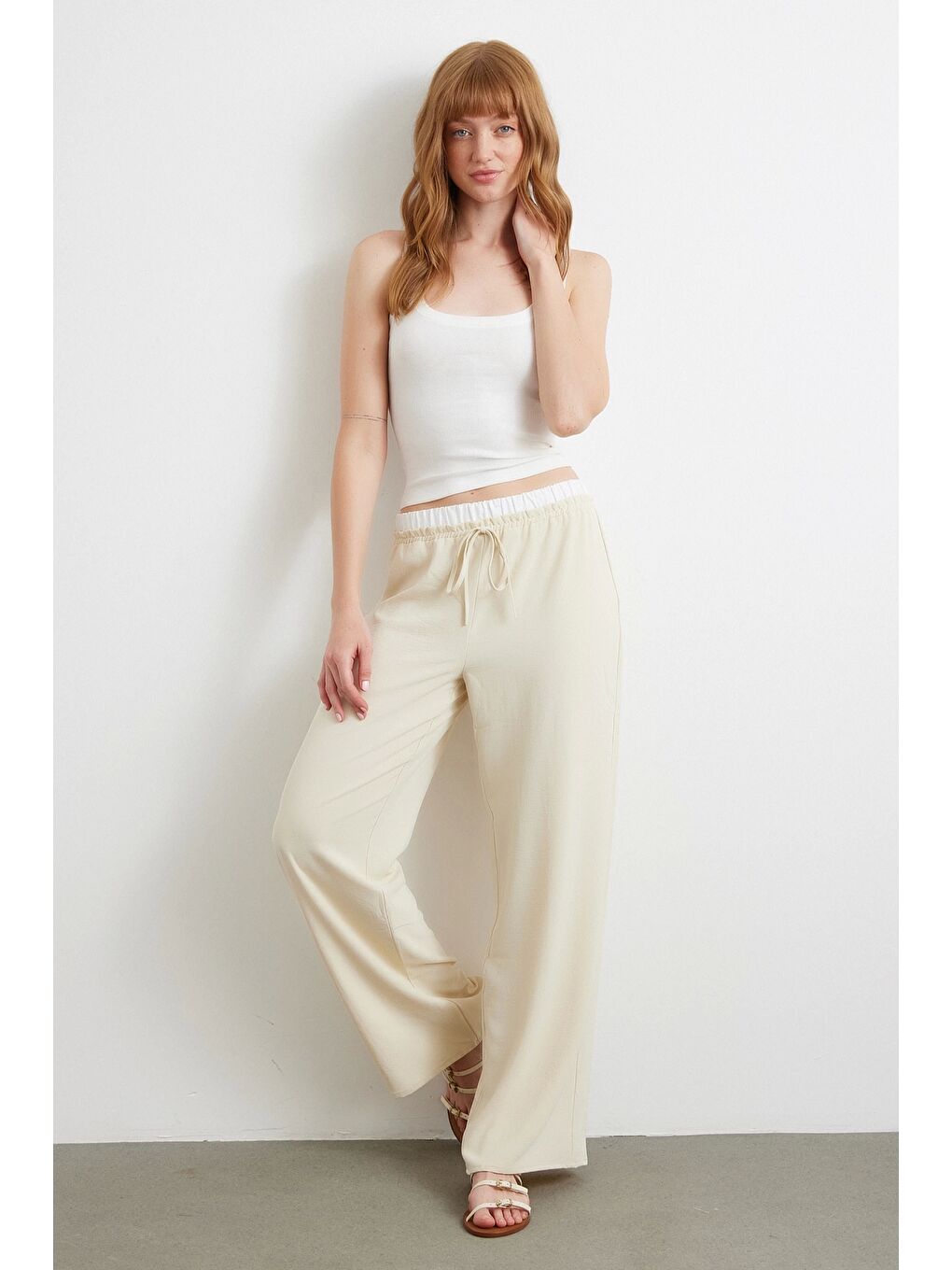 Ekru Bel Bantlı Wide Leg Pantolon Krem-1