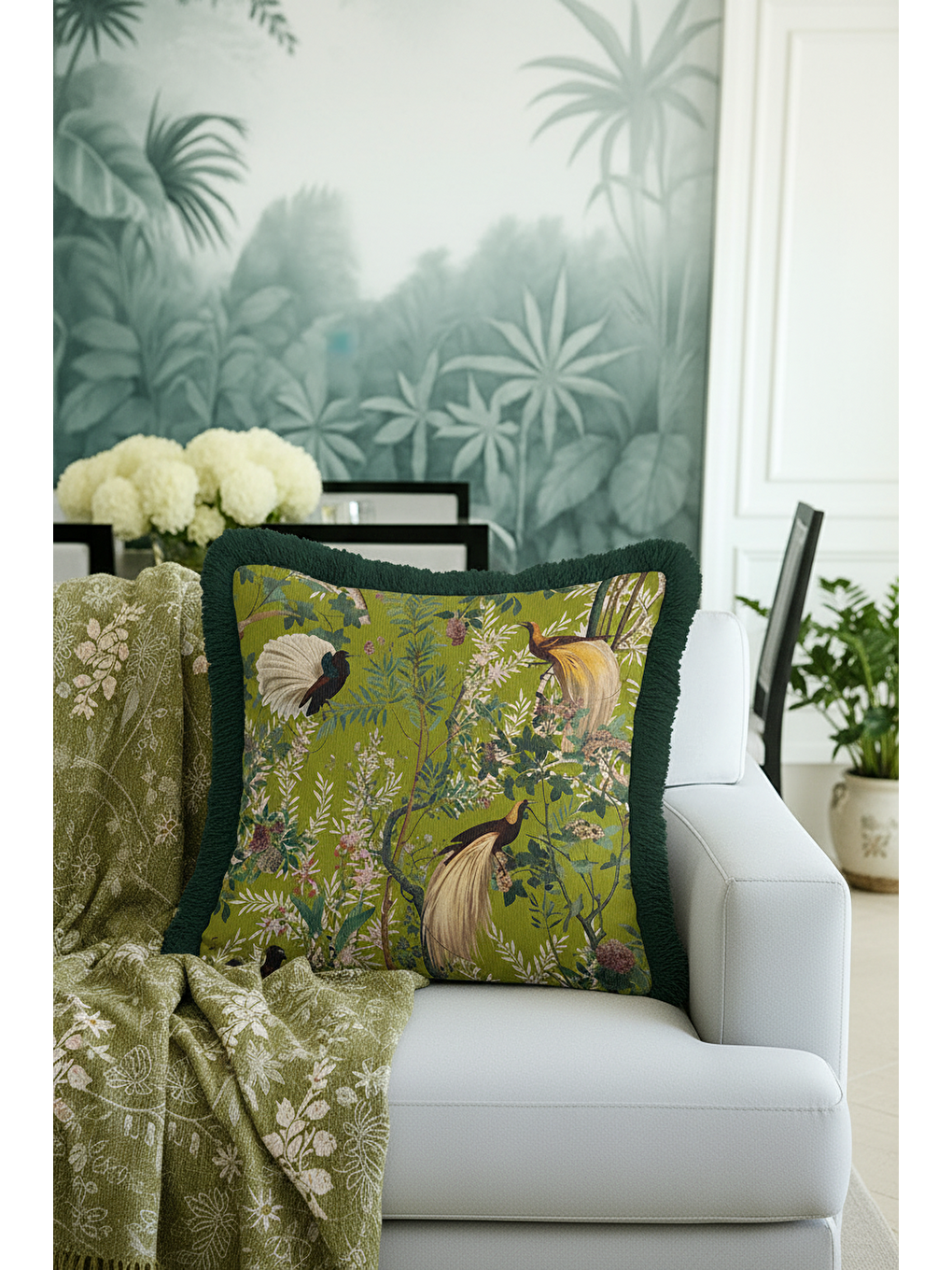 Karışık Tropikal Kuşlar Saçaklı Yastık Kılıfı - Vintage Doğa Botanik Yeşil Püsküllü Kırlent Kılıfı-2