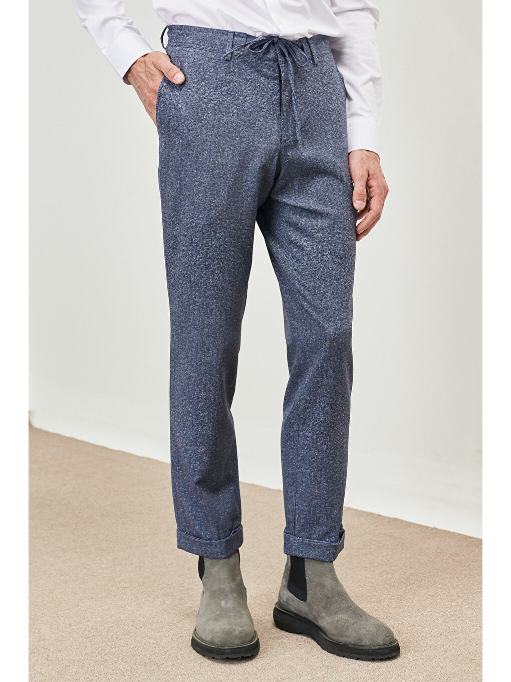 Erkek Mavi Slim Fit Dar Kesim Mono Yaka Seyahat Çantalı Desenli Takım Elbise-4