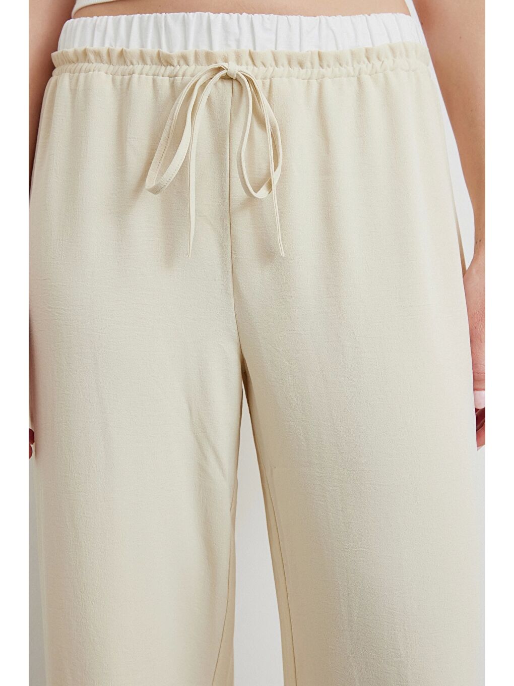 Ekru Bel Bantlı Wide Leg Pantolon Krem-4