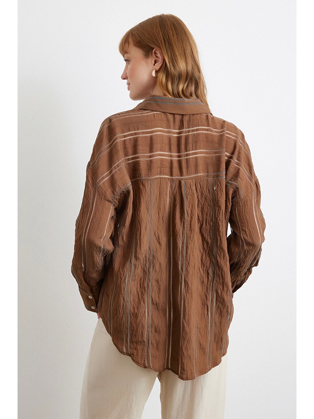 Karışık Organze Çizgili Gömlek Kahve-5