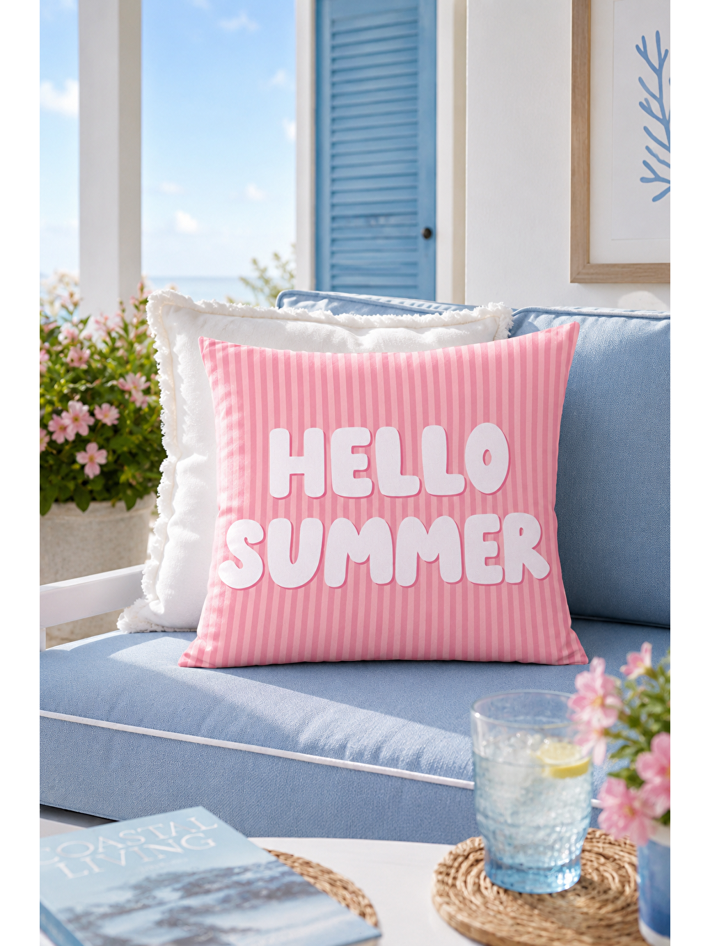 Beyaz Hello Summer Pembe Çizgili Yazı Baskılı Dekoratif Kırlent Kılıfı Yazlık Dekor 43x43 Cm-7