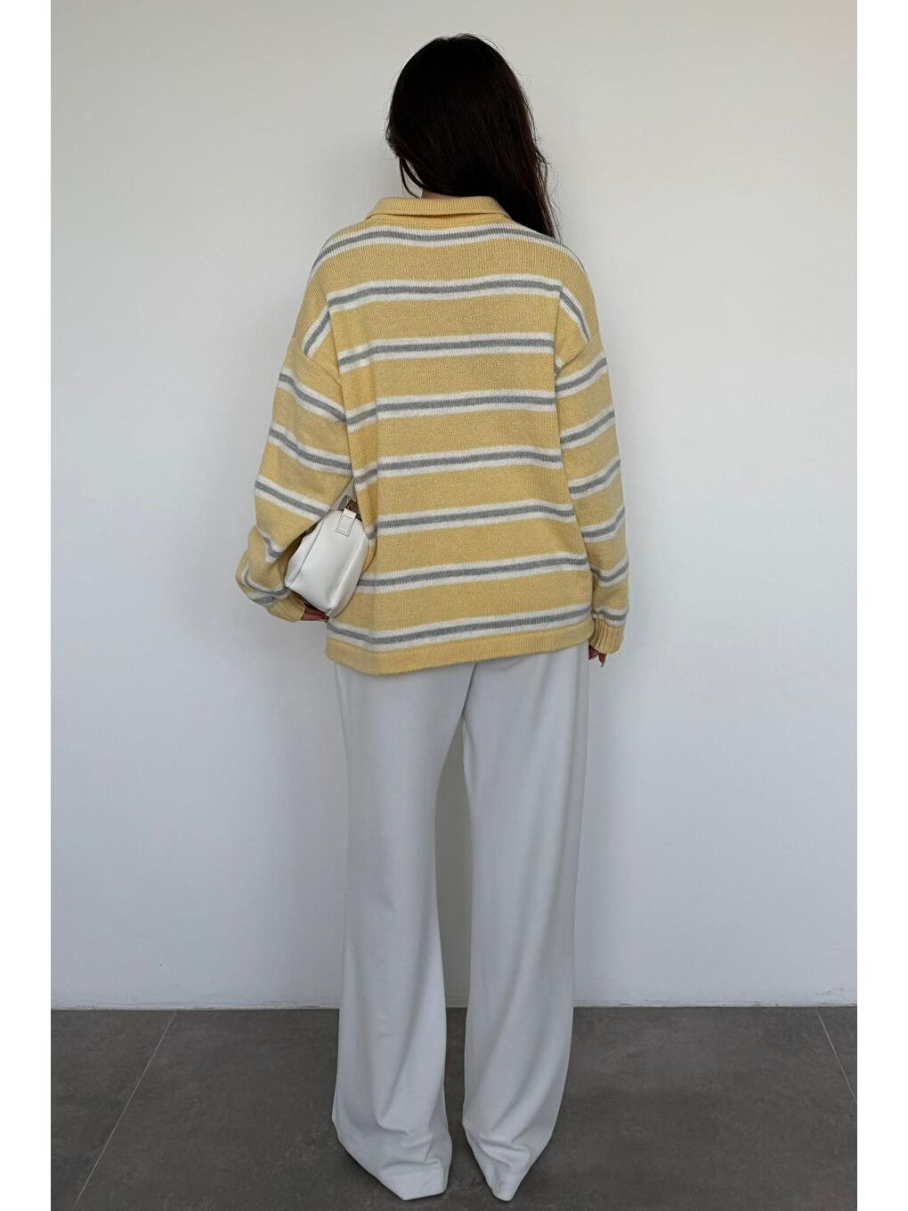 Sarı Polo Yaka Çizgili Kadın Triko Kazak Mg2469-6