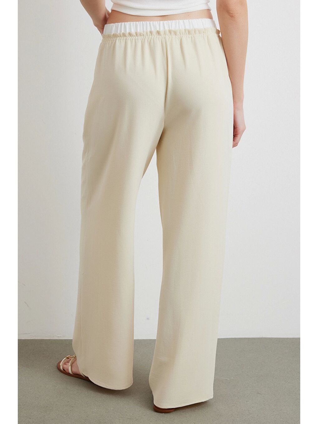 Ekru Bel Bantlı Wide Leg Pantolon Krem-5