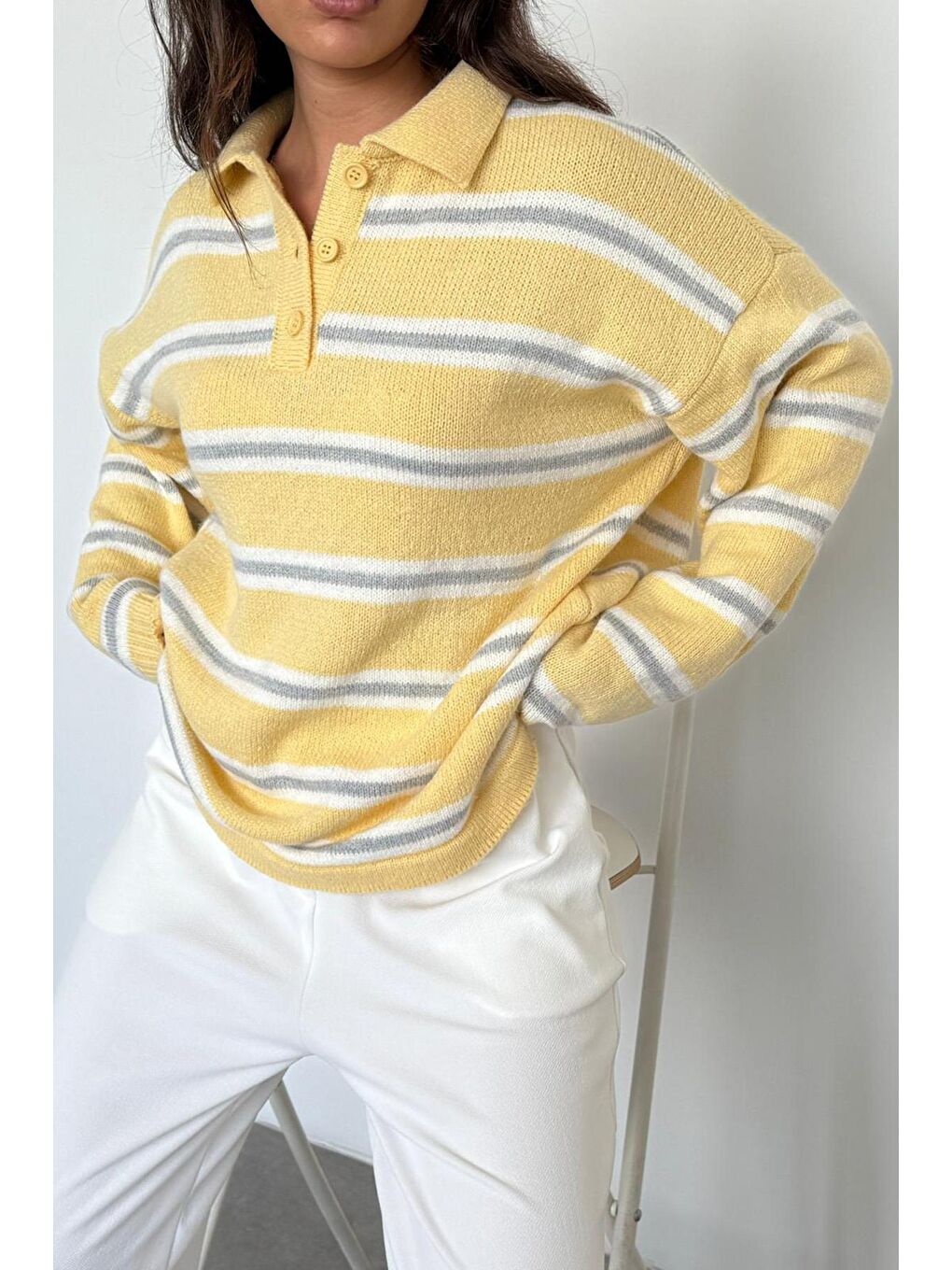 Sarı Polo Yaka Çizgili Kadın Triko Kazak Mg2469-7
