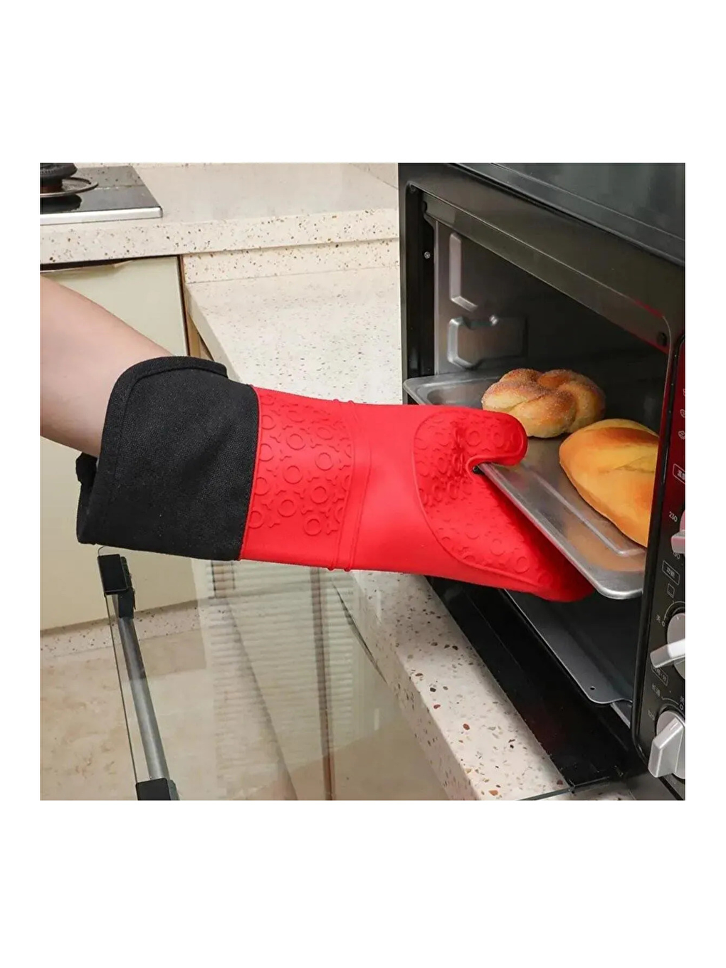 Ekru Yanmaz Yapışmaz, Yıkanabilir, Pişirme Matı ve Kırmızı Silikon Yanmaz Mutfak Fırın Eldiveni-6