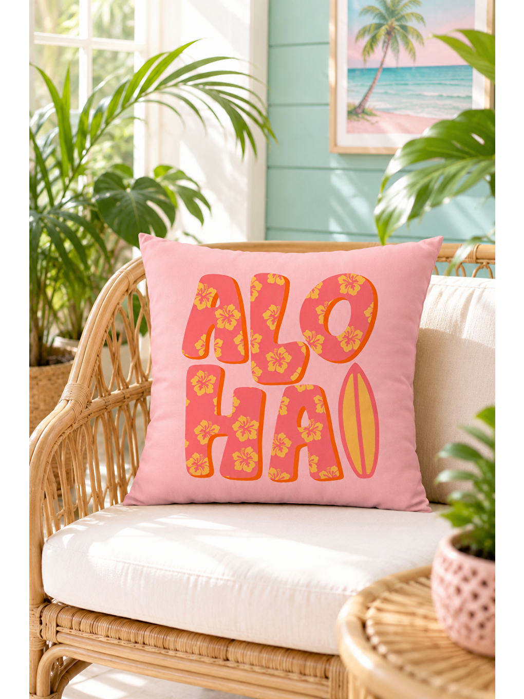 Aloha Pembe Yazı Baskılı Dekoratif Kırlent Kılıfı Tropikal Yazlık Dekor 43x43 Cm-1