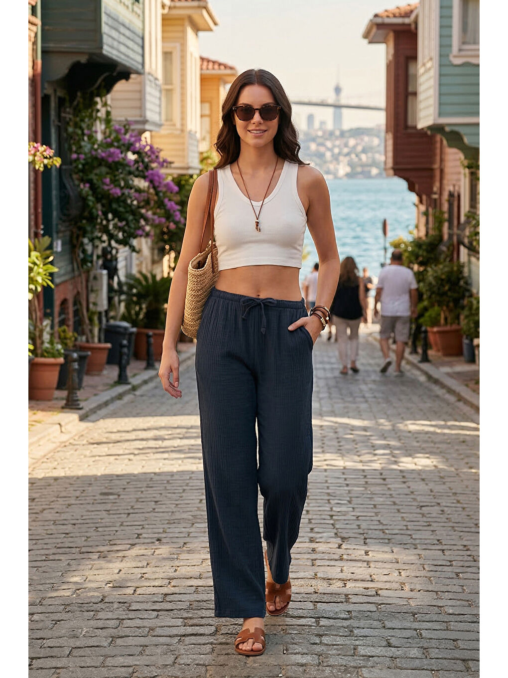 Lacivert Pamuklu Relaxed Fit Geniş Paça Müslim Kadın Pantolon 668YP5502