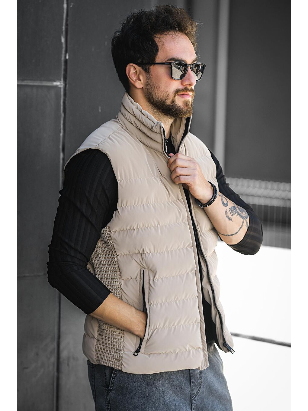 Kahverengi Lordy Örgü Detaylı Cepli Dik Yaka Nova Parlak Kumaş Erkek Şişme Yelek-1