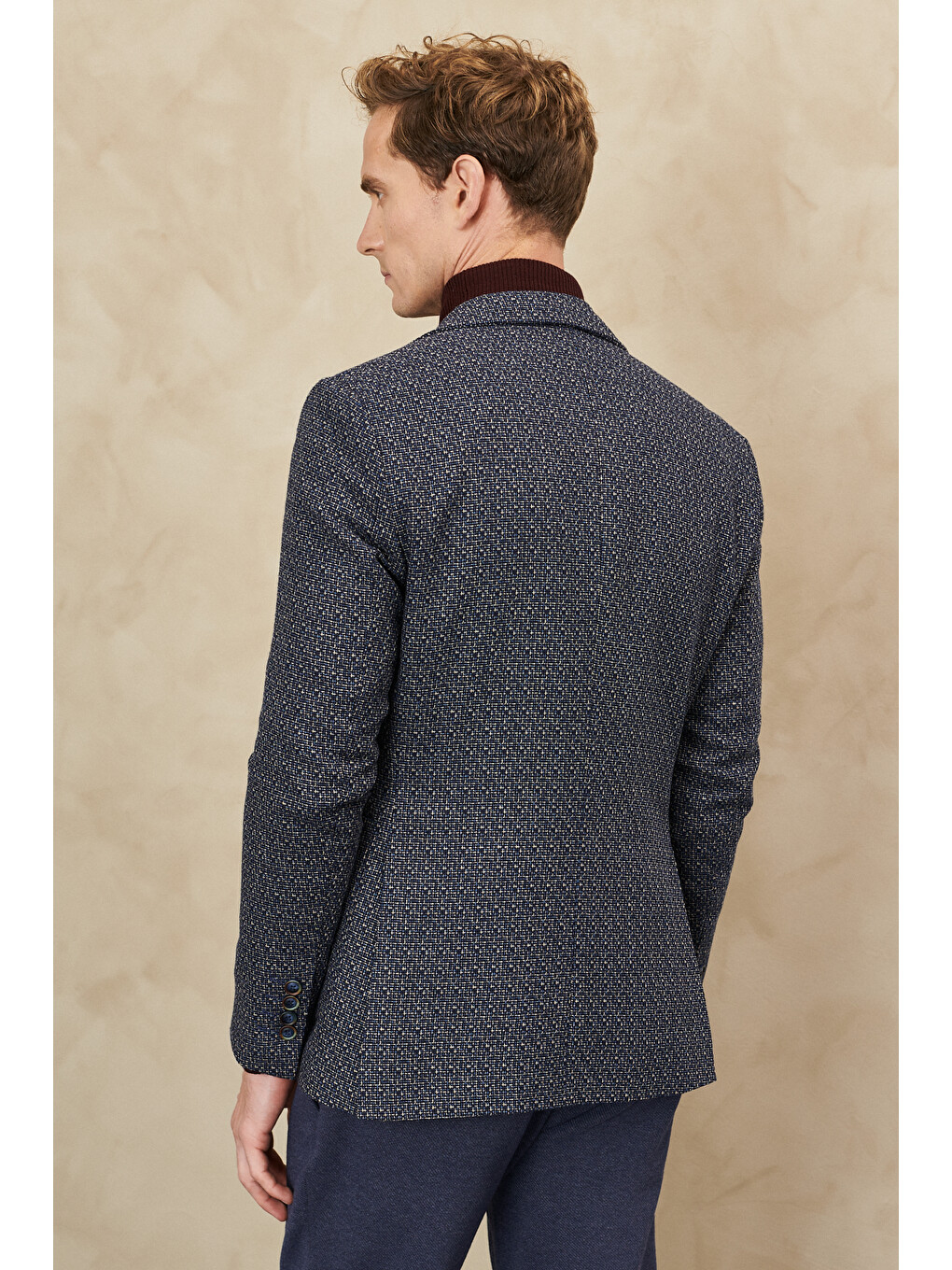 Erkek Lacivert-bej Slim Fit Dar Kesim Mono Yaka Desenli Yünlü Ceket-3