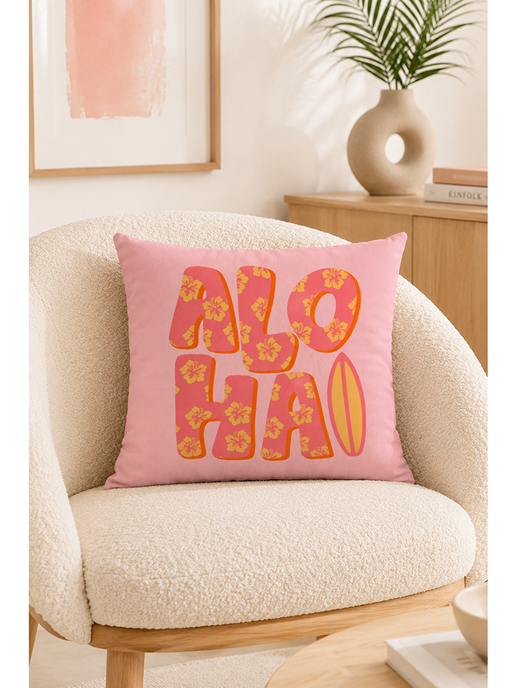 Aloha Pembe Yazı Baskılı Dekoratif Kırlent Kılıfı Tropikal Yazlık Dekor 43x43 Cm-2