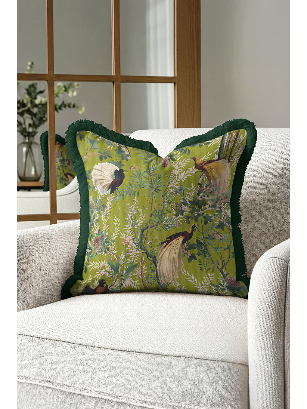 Karışık Tropikal Kuşlar Saçaklı Yastık Kılıfı - Vintage Doğa Botanik Yeşil Püsküllü Kırlent Kılıfı-3