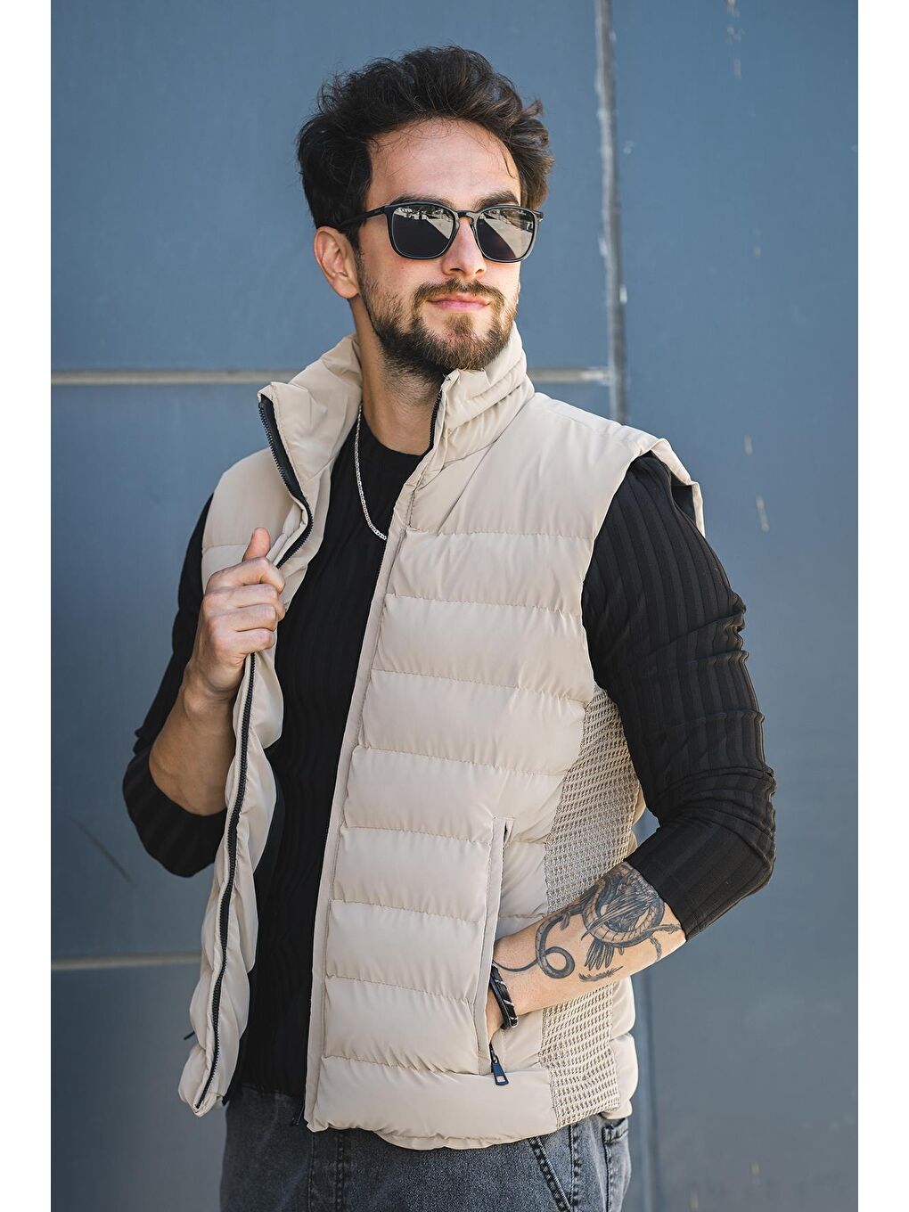 Kahverengi Lordy Örgü Detaylı Cepli Dik Yaka Nova Parlak Kumaş Erkek Şişme Yelek-2