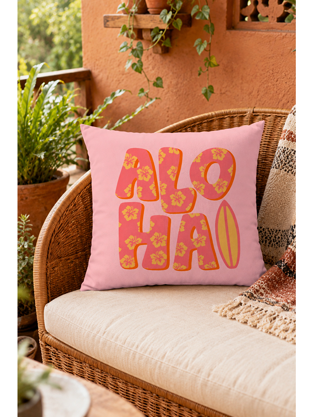 Aloha Pembe Yazı Baskılı Dekoratif Kırlent Kılıfı Tropikal Yazlık Dekor 43x43 Cm-3