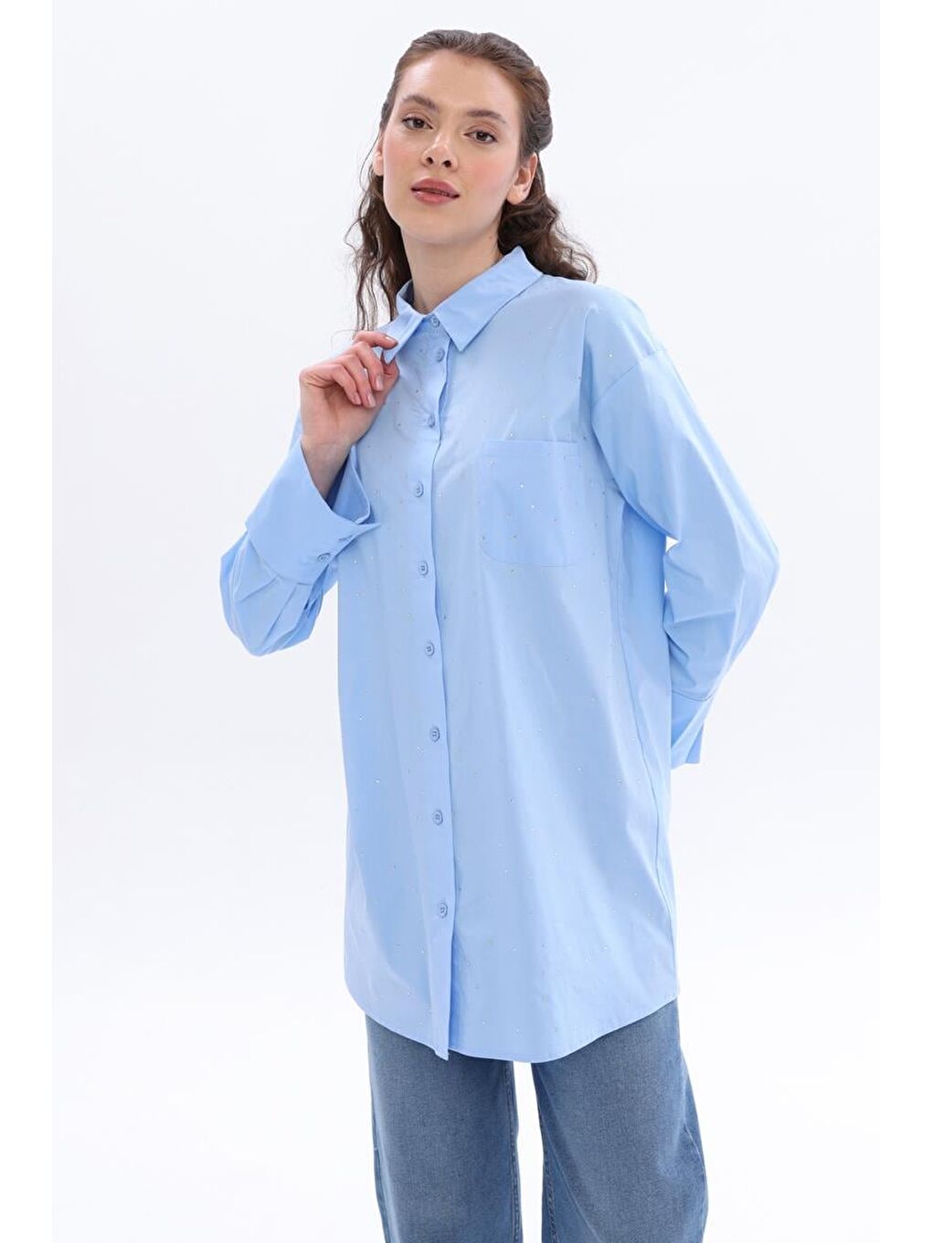 Mavi-Pamuklu Taşlı Gömlek Tunik