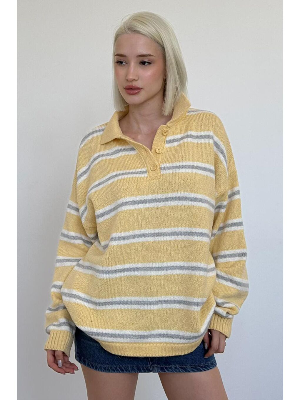 Sarı Polo Yaka Çizgili Kadın Triko Kazak Mg2469-8